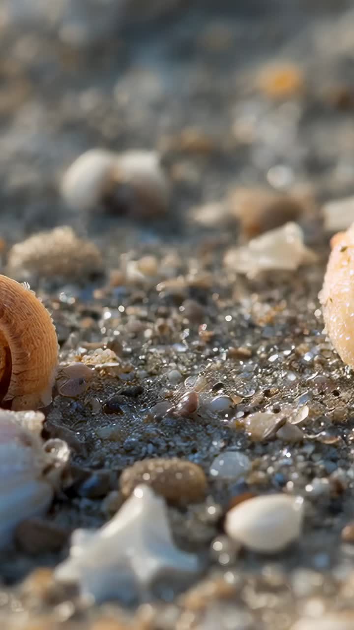 Vertical video: Shifting camera revealing shells on wet sand, showing peach shell and star fragment