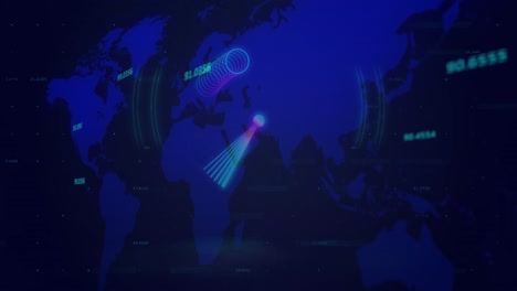 Animation-Von-Neonkreisen-über-Digitalem-Bildschirm-Mit-Weltkarte-Und-Zahlen