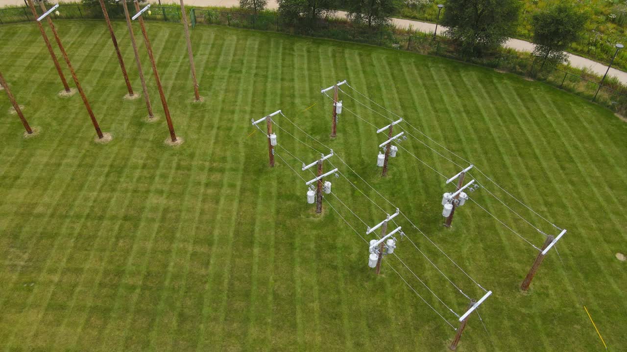 High voltage lineman training course in Henry Ford College in Dearborn, Michigan, aerial view