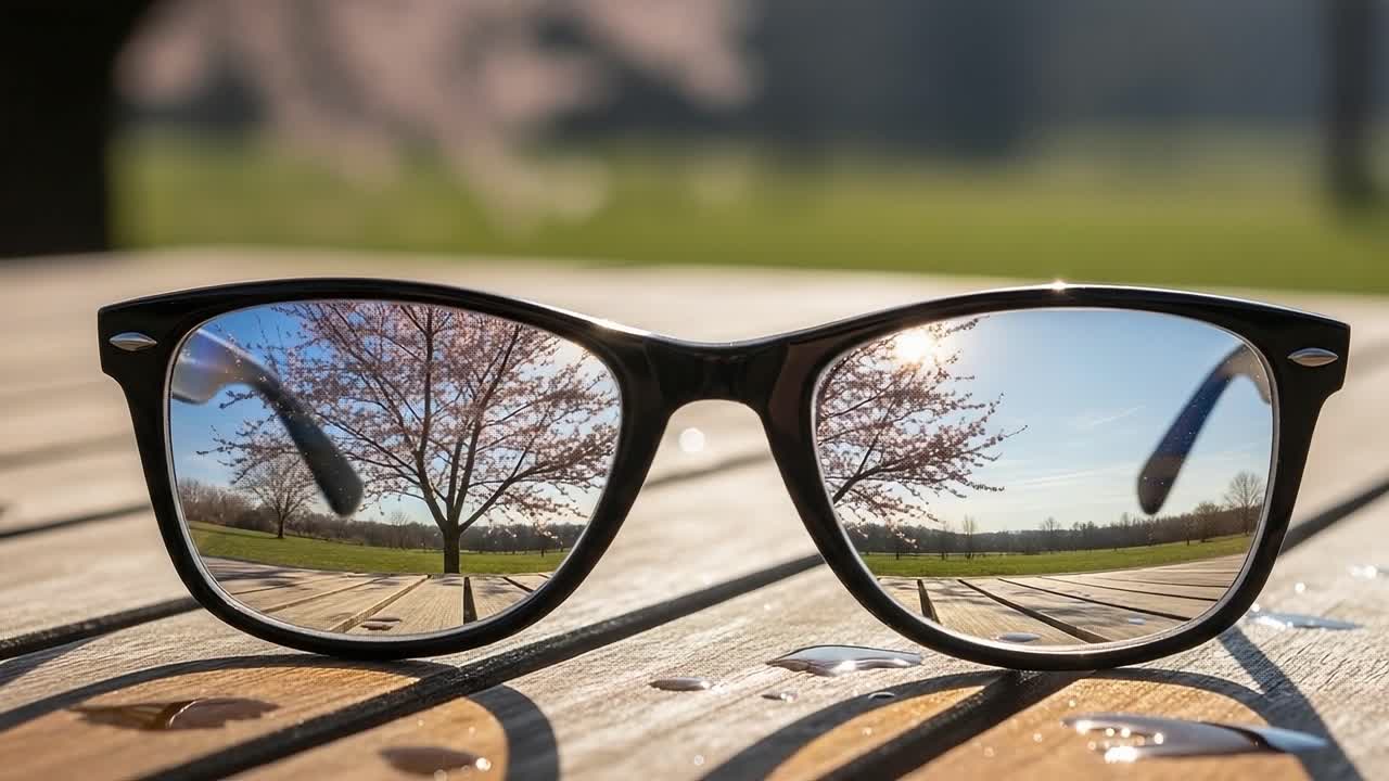 Beautiful Reflection of Nature Captured in Sunglasses: A Serene Outdoor Scene with Blossoming Trees and a Sparkling Surface in the Background