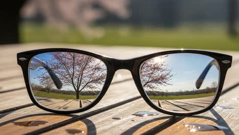 beautiful reflection of nature captured in sunglasses: a serene outdoor scene with blossoming trees and a sparkling surface in the background