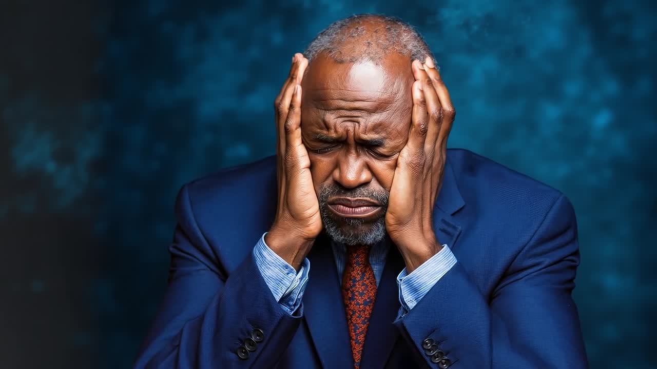 A man in a suit holding his head in his hands