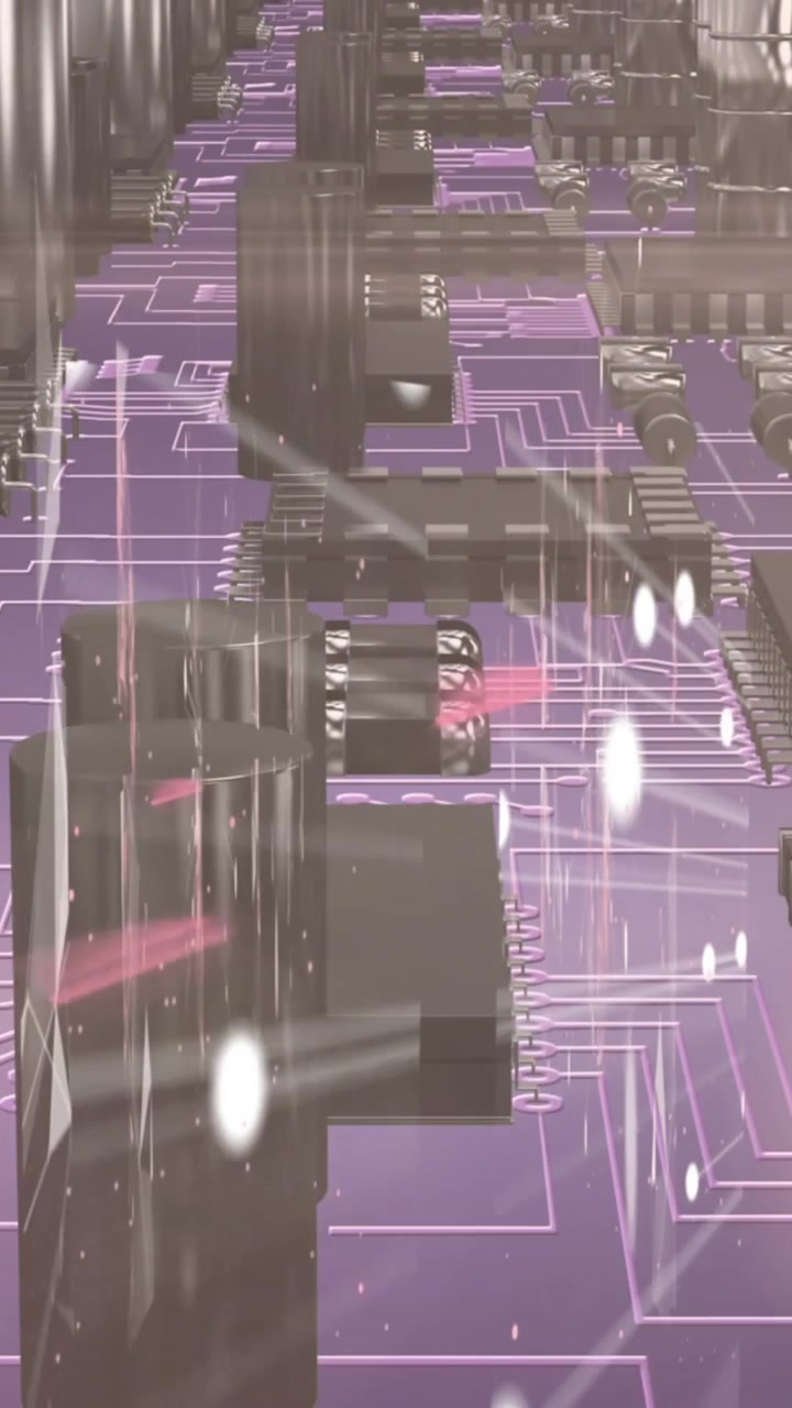 Animation of data processing on glowing computer circuit board