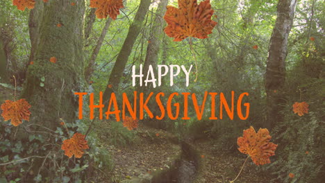 Animation-Eines-Fröhlichen-Thanksgiving-Textes-über-Herbstblättern-Und-Wald