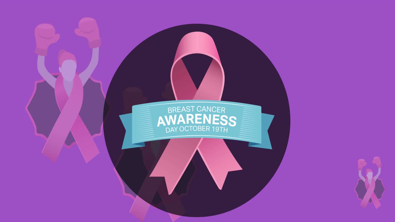 핑크색 유방암 리본 위에 유방암 인식 텍스트의 애니메이션