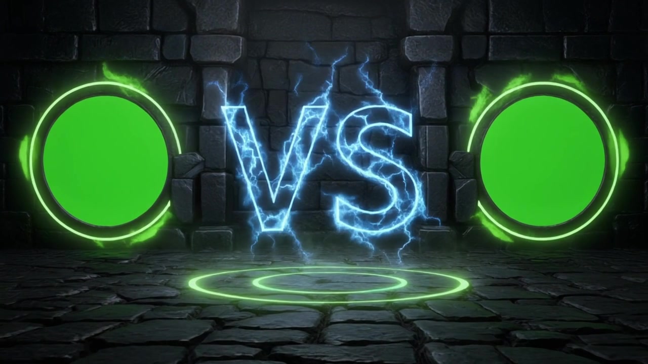 Schermata Versus con cerchi su green screen ed effetto testo elettrico