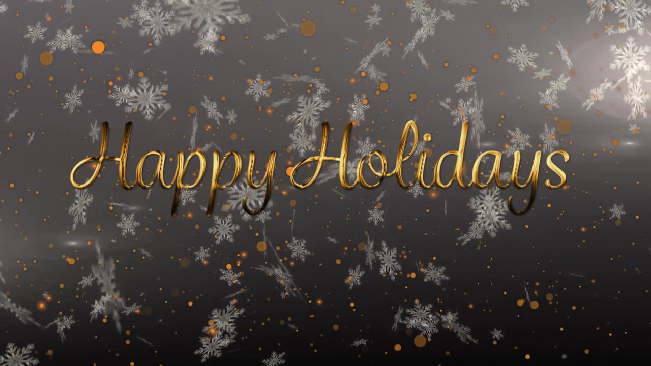 Animation of happy holidays text over snow falling on grey background