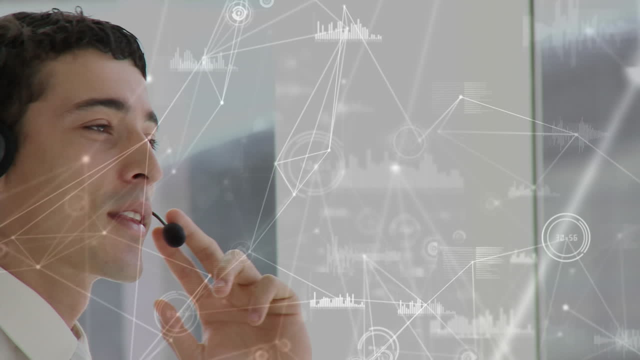 전화 헤드 ⁇ 을 사용하는 사업가에 대한 연결 네트워크의 애니메이션