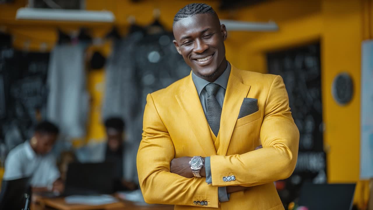 Confident Businessman in Vibrant Yellow Suit Smiling Enthusiastically with a Modern Office Background, Signifying Success and Professional Charm