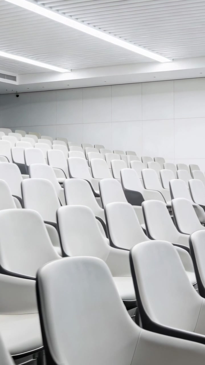 Vertical video: Shifting camera showing lecture hall front-left with white chairs for talks