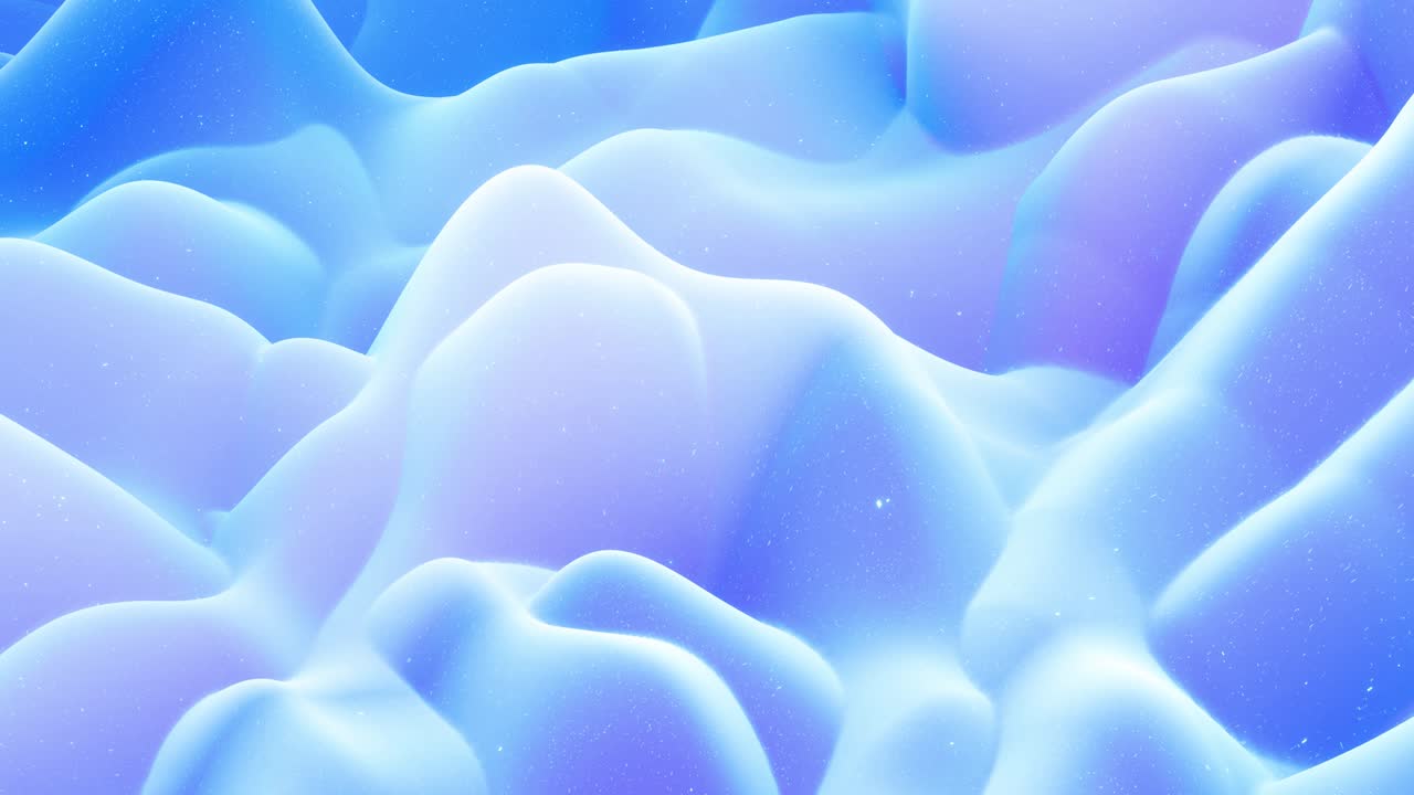 Abstract waves of soft blue matte material with light inner glow and glitters on morphing surface. Abstract geometric surface like landscape or terrain, extrude or displace 3d noise. Loop 4k