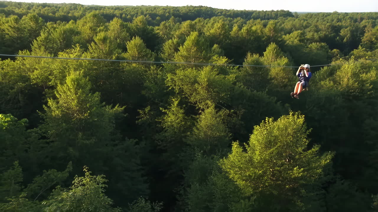 Person Zip-lining Through a Lush Green Forest