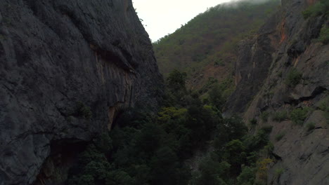 aerial view of drone flying through the a large gorge on a cold foggy winter day in the bungonia national park nsw australia