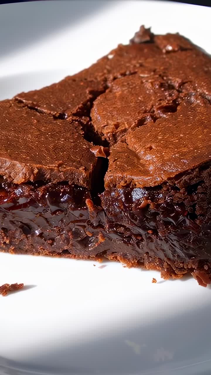 Vertikal video: Solen flytter seg, kamera zoomer inn og viser et stykke brownie på en tallerken på et bord for tekstur