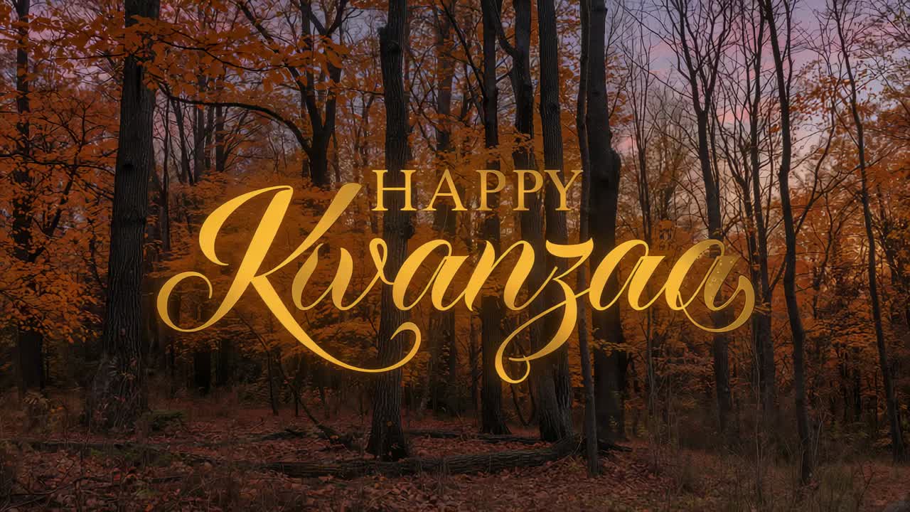 Lighting gold 'Happy Kwanzaa' text, flares pulsing over autumn woods at dusk, celebrating holiday