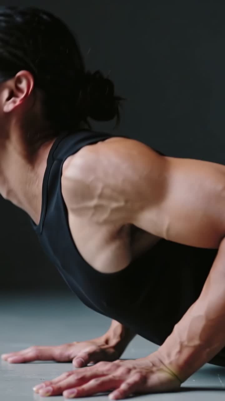 Vídeo vertical: atleta masculino con camiseta de tirantes negra empezando en posición baja y elevando el torso del suelo para fortalecerse