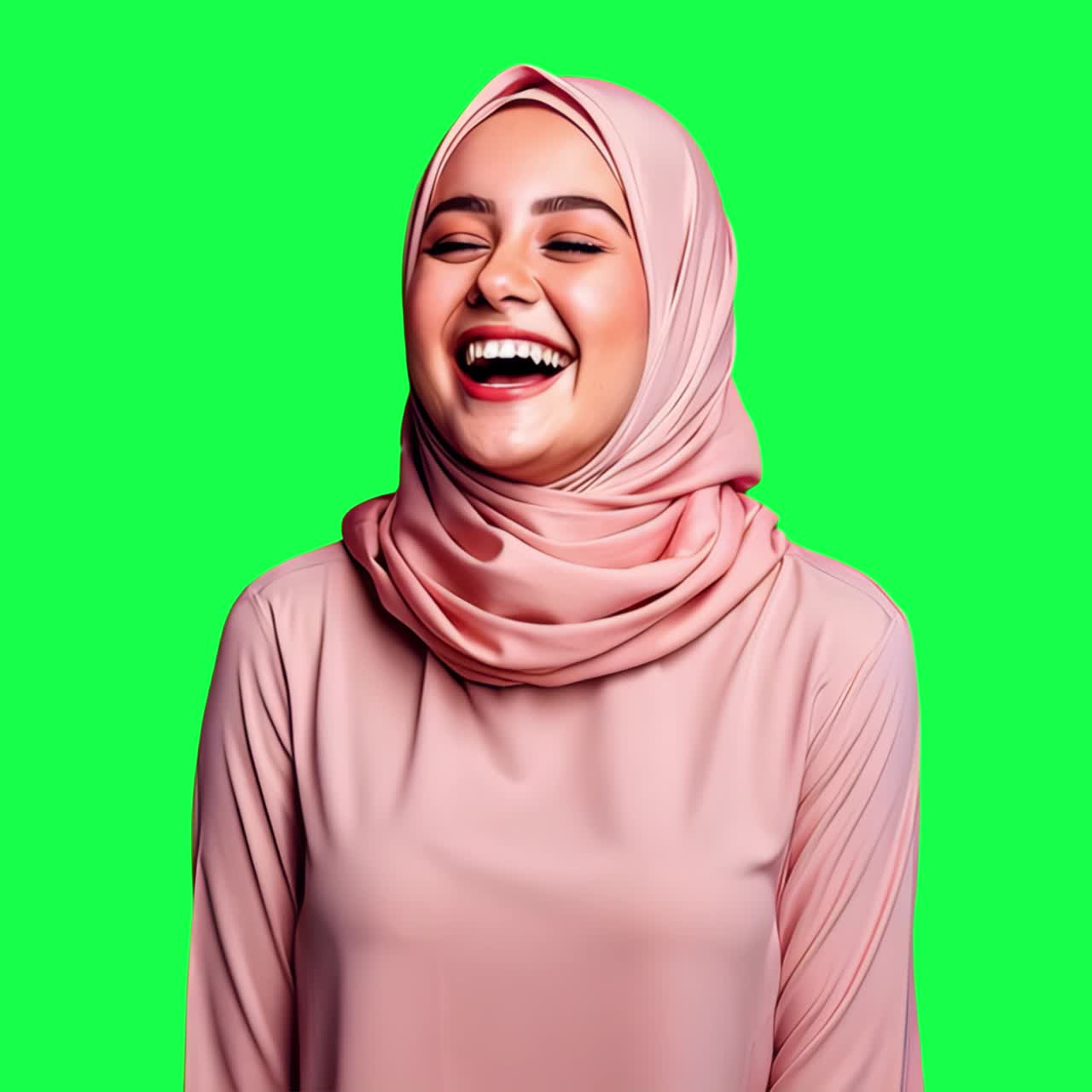 Happy woman in pink hijab animation, transparent 4K video, green screen