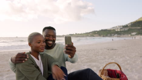 Selfie,-black-couple-and-love-during-a-beach