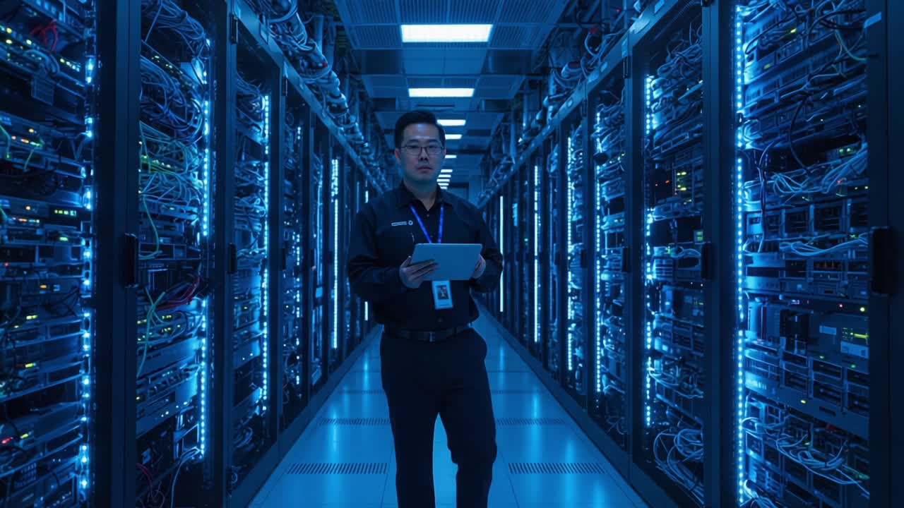 A Data Center Technician Navigates Server Racks in a High-Tech Environment, Engaged in Monitoring and Managing Network Operations with Precision and Expertise