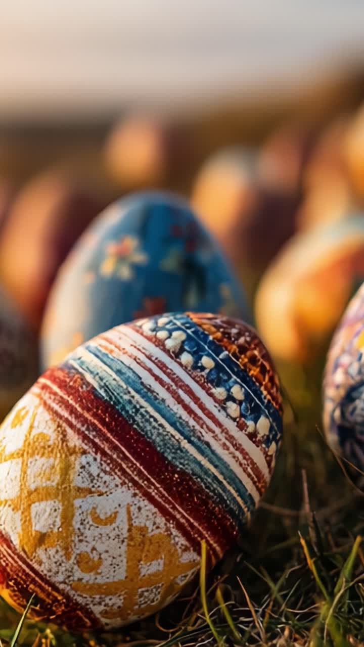 A Close-Up View of Beautifully Decorated Easter Eggs Nestled Amongst a Colorful Display in a Natural Setting, Capturing the Essence of Festive Celebrations