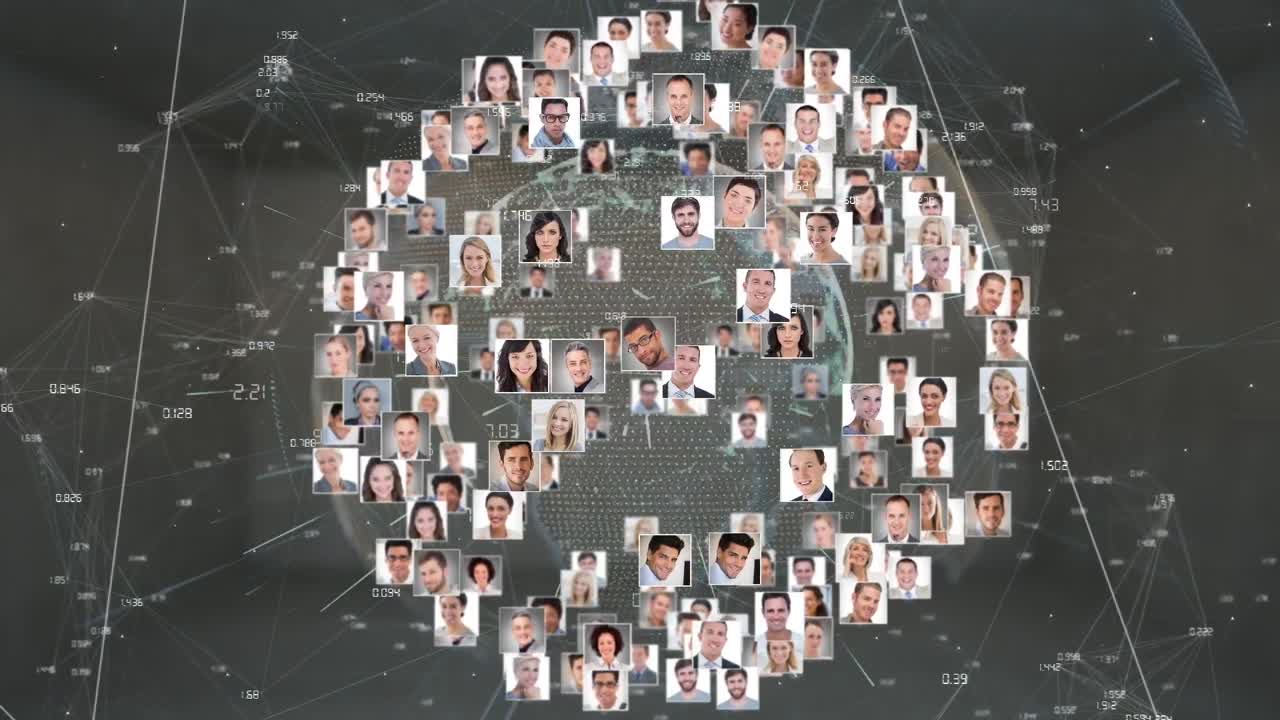 사용자 사진의 애니메이션, 데이터 처리 및 회색 배경의 지구