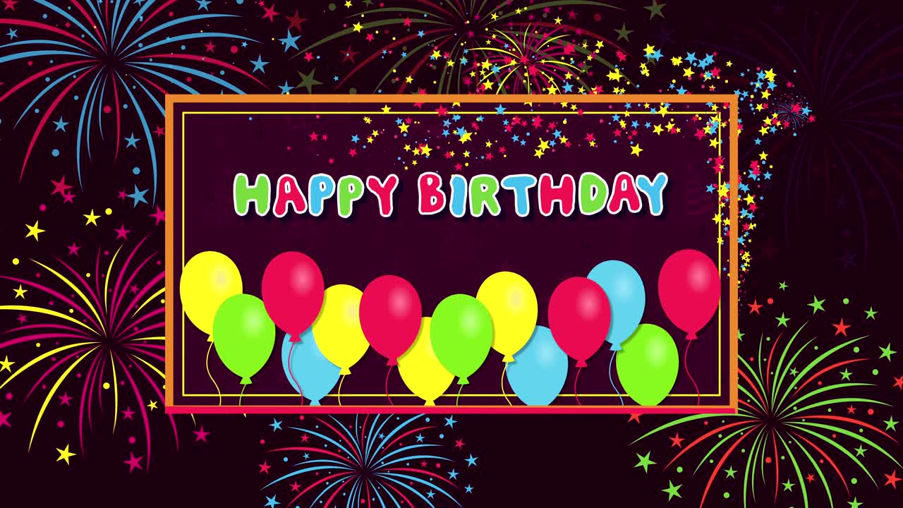 feliz cumpleaños con fuegos artificiales y globos