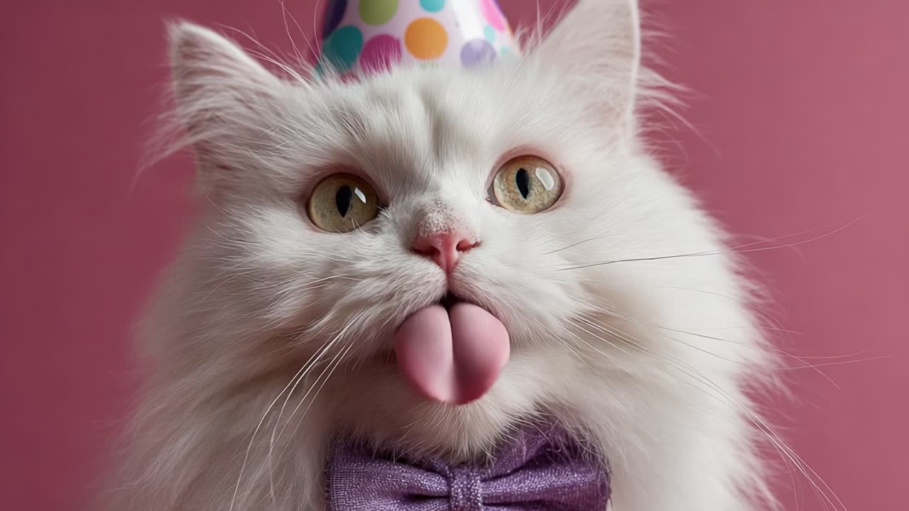 A Celebratory Whiskers: A White Persian Cat in a Party Hat and Bow Tie Eagerly Enjoying a Delightful Moment with Its Tongue Playfully Sticking Out