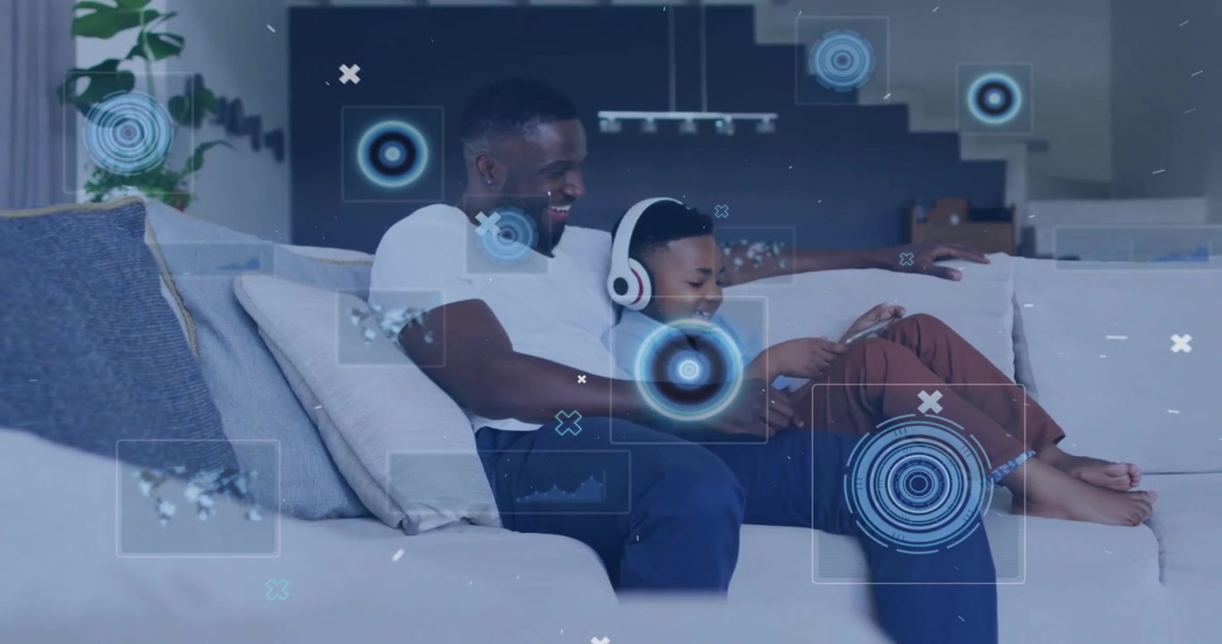 Animation of data processing over african american father and son using tablet