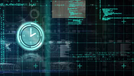 animation of neon ticking clock icon over interface with data processing against blue background