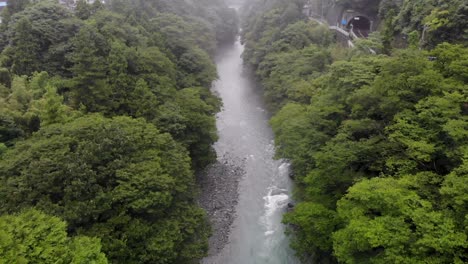 Forward-moving-drone-shot-over-a-river-in-the-middle-of-a-forest-on-a-moody,-cloudy-day