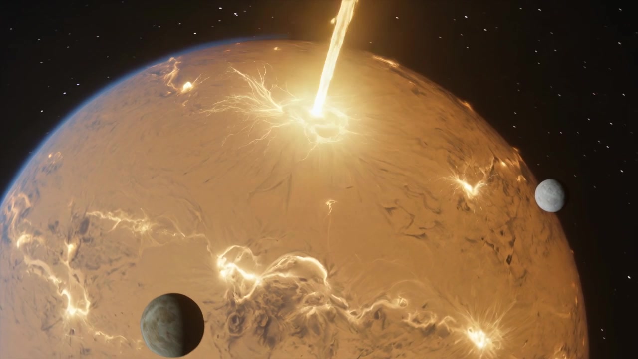 Connecting vertical beam striking rocky planet in space, causing hotspots and transiting moons