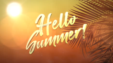 hello summer with tropical leaf in sunset time with sun