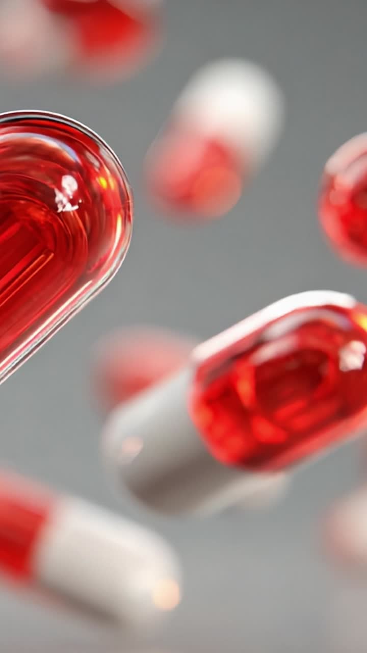 Dynamic Floating Capsules in Focus: A Close-up View of Vibrant Red and White Pills Captured in Motion Against a Subtle Gray Background