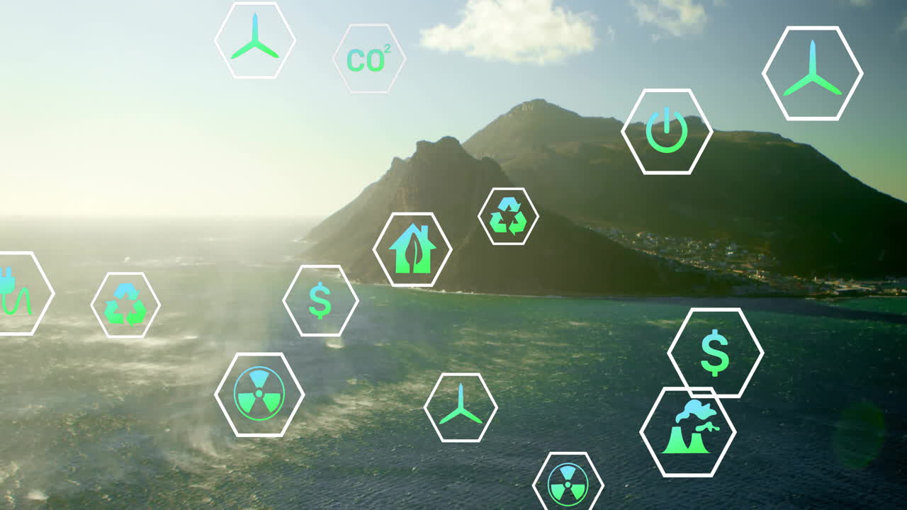 Floating environmental icons over mountain and ocean, promoting sustainability animation
