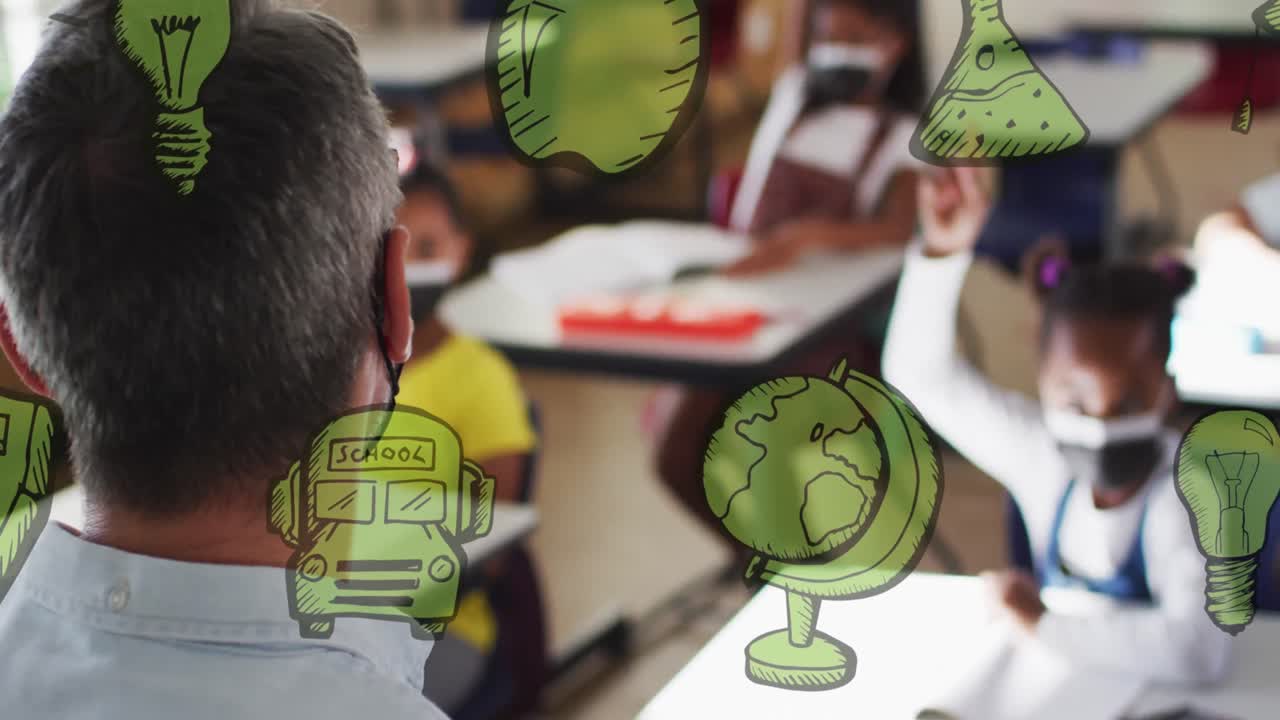 animación de iconos escolares sobre un maestro caucásico y escolares con máscaras faciales