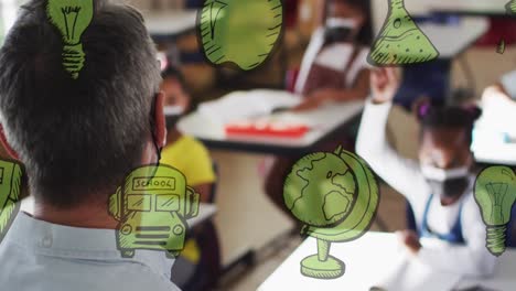 animation of school icons over caucasian male teacher and schoolchildren with face masks