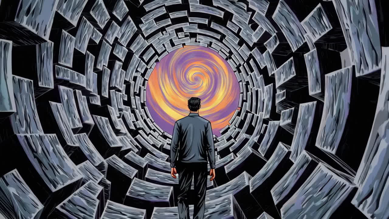 Man approaches a swirling colorful portal in a surreal geometric tunnel