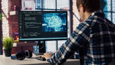 tech support expert typing on keyboard, doing checkup on ai systems