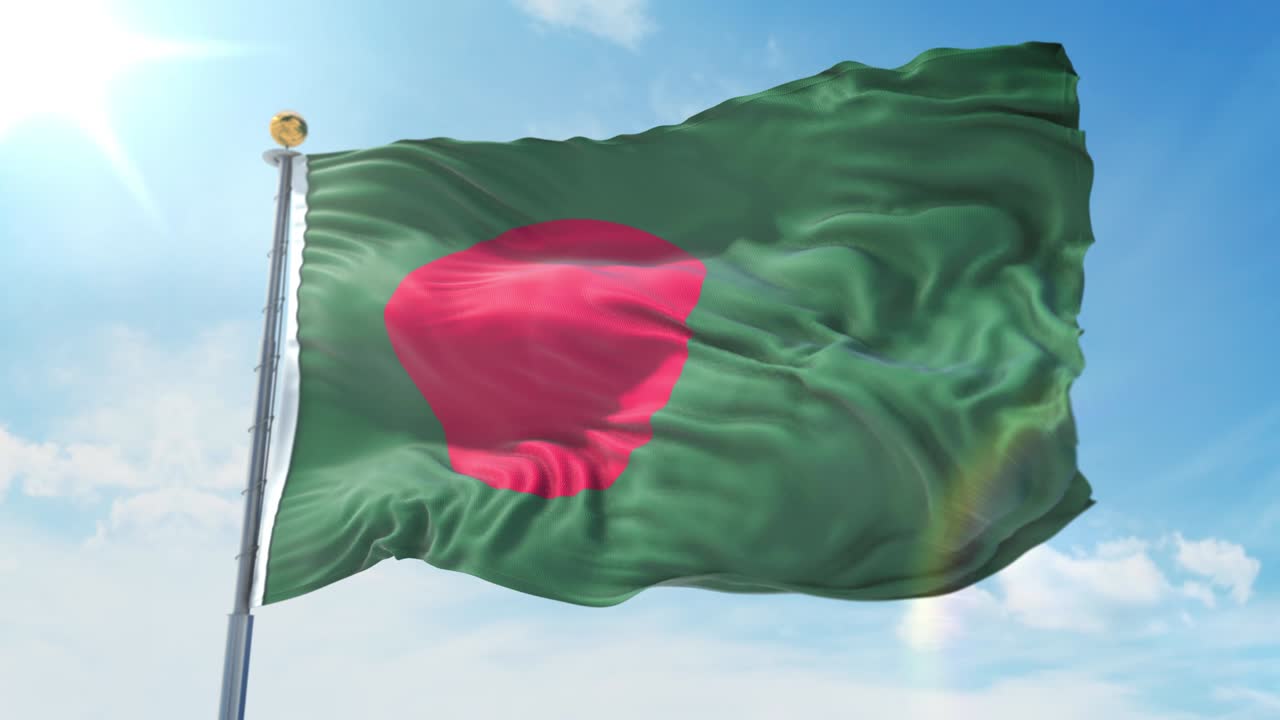 깊은 파란 하늘을 배경으로 바람에 흔들리는 방글라데시 발, 국가 테마, 국제 개념, 3d 렌더리, 시엄리스 루프, 4k