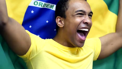 brazilian fan celebrating while holding the flag of brazil in slow motion