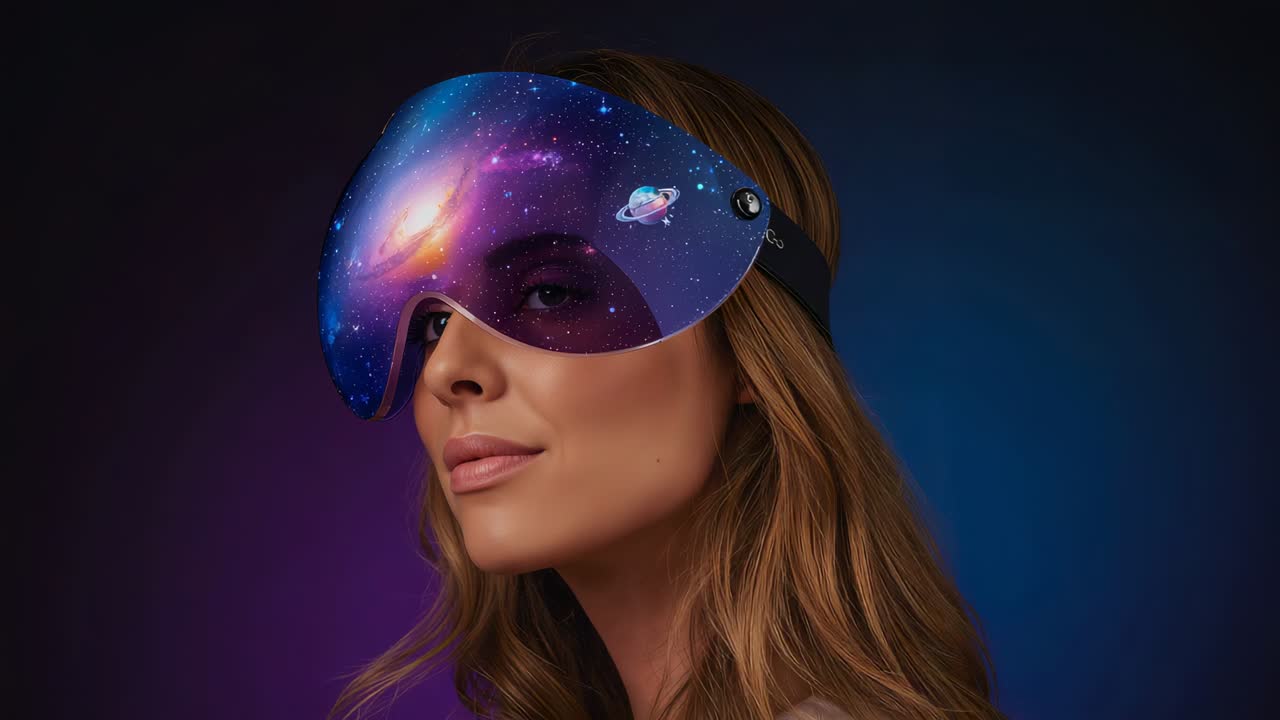 Modeling woman adjusting galaxy mask turning right in studio strap sensors planet sticker white top