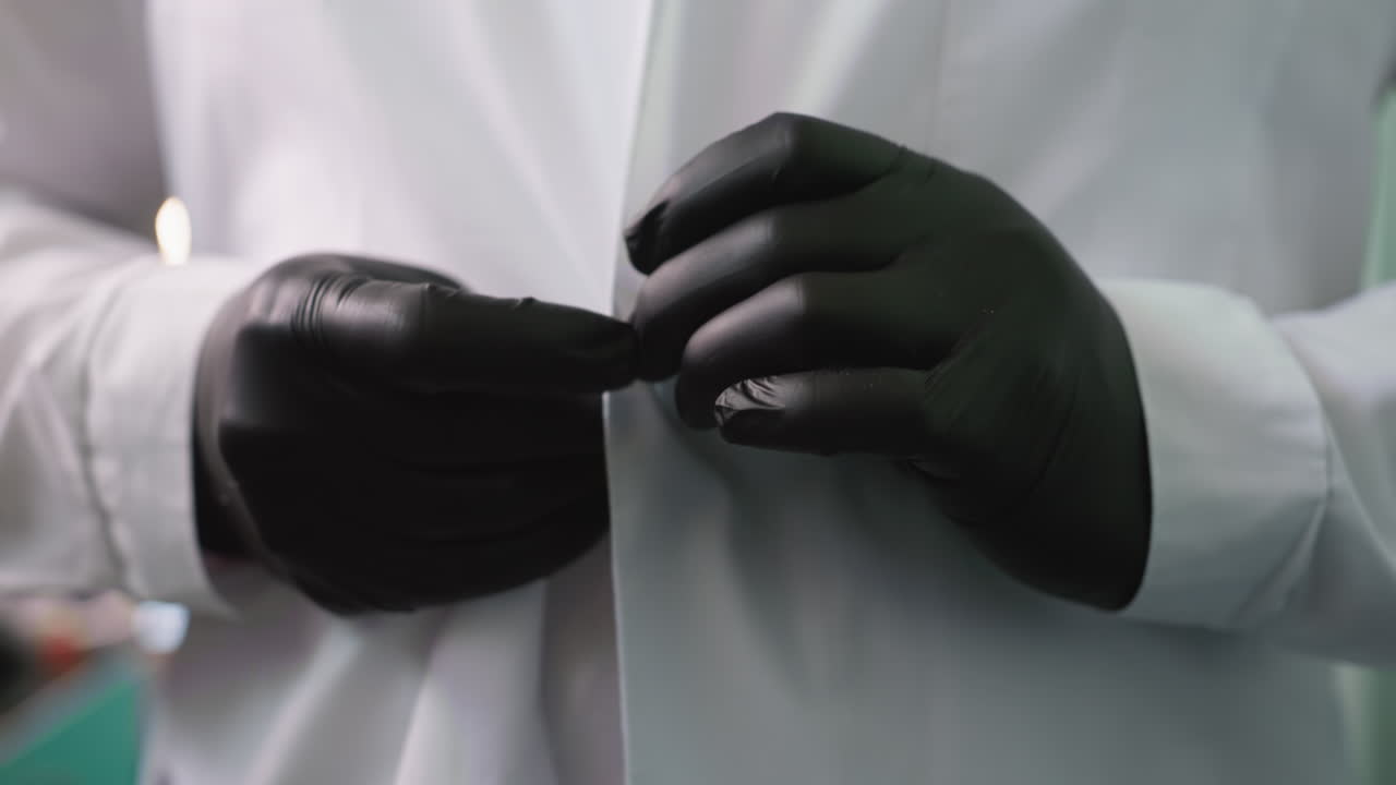 близкий вид человека в черных перчатках, застегивающего свой лабораторный плащ шаг за шагом