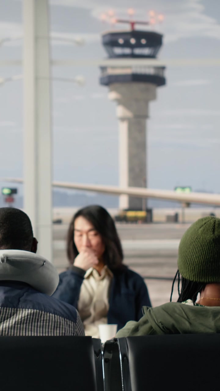 Viajeros diversos esperando y partiendo en una moderna terminal de aeropuerto.