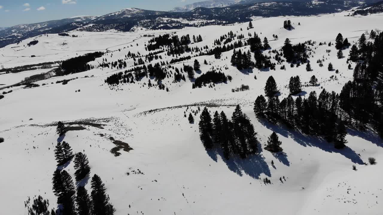 Ripresa con drone di montagne e pianure innevate d'inverno