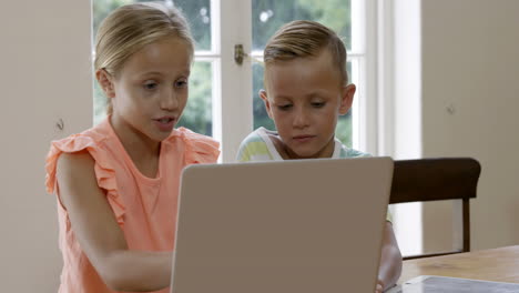 two children using laptop with mother