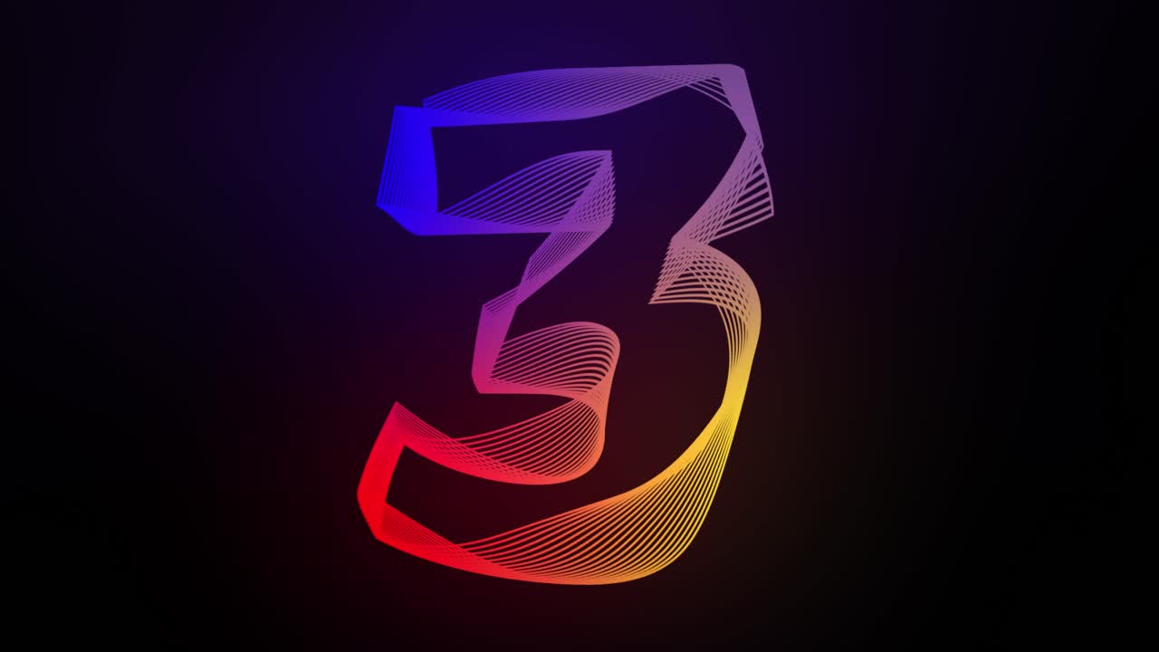 Numero 3 in 3D, animazione di tre linee vorticose in movimento su sfondo sfumato scuro, grafica in movimento dinamica astratta, effetto visivo di tipografia con bagliore di particelle, digitale arcobaleno.