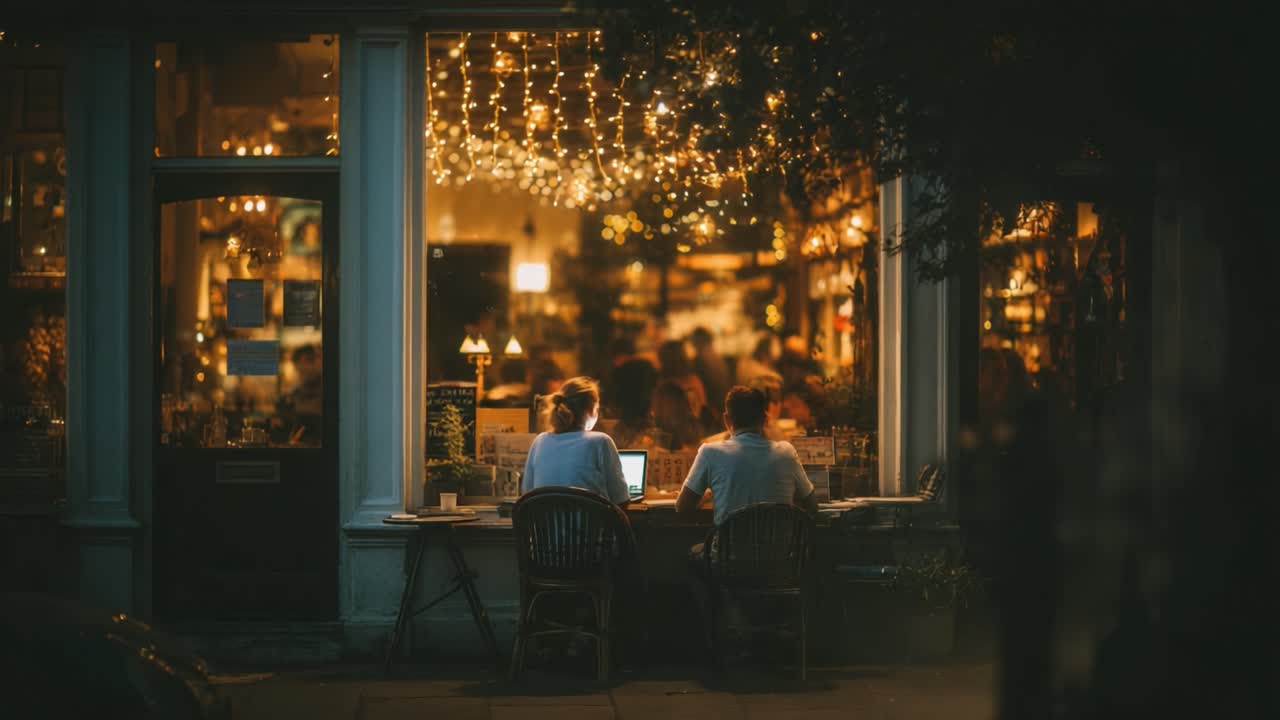 A Cozy Evening at a Warmly Lit Café: Friends Engaged in Conversation and Digital Interaction Amidst an Inviting Atmosphere of Soft Lighting and Culinary Delights