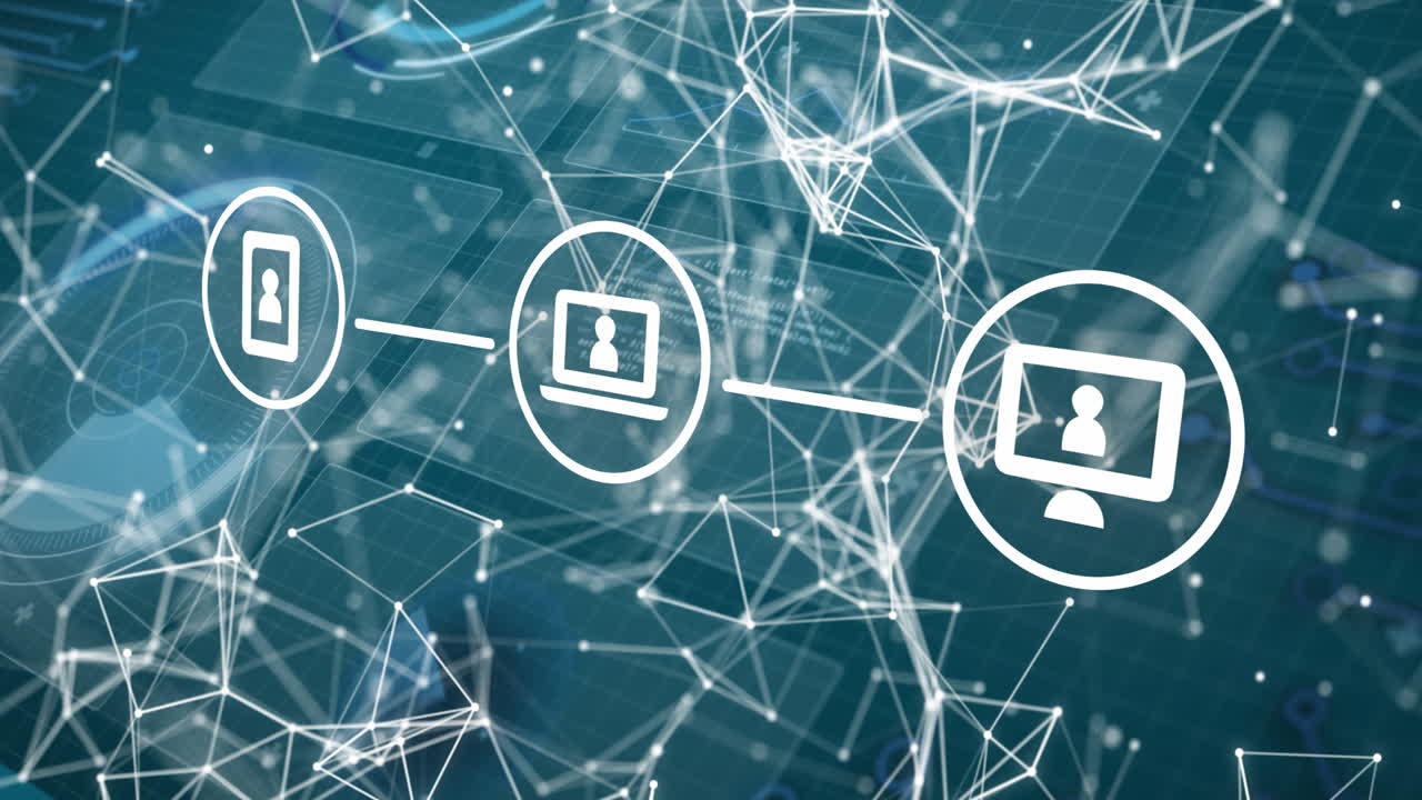 animación de los iconos de los dispositivos de comunicación a través de la red de conexiones