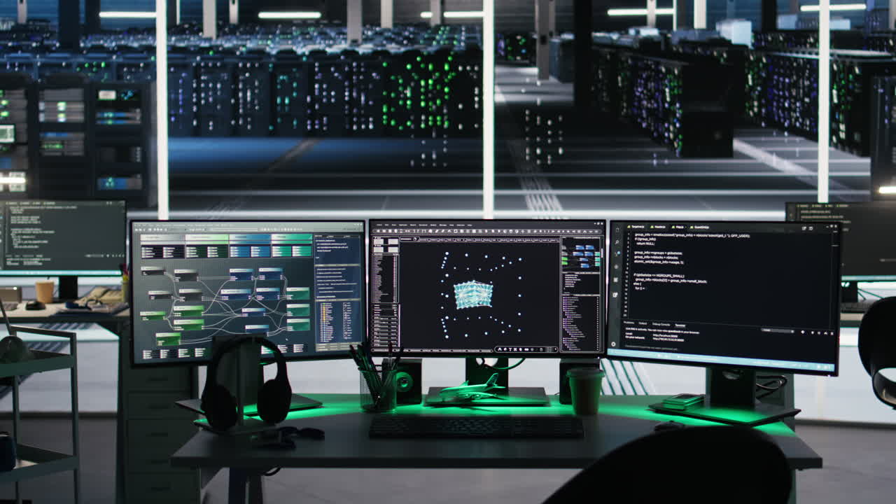 Monitors in data center displaying node tree interfaces monitoring gear health