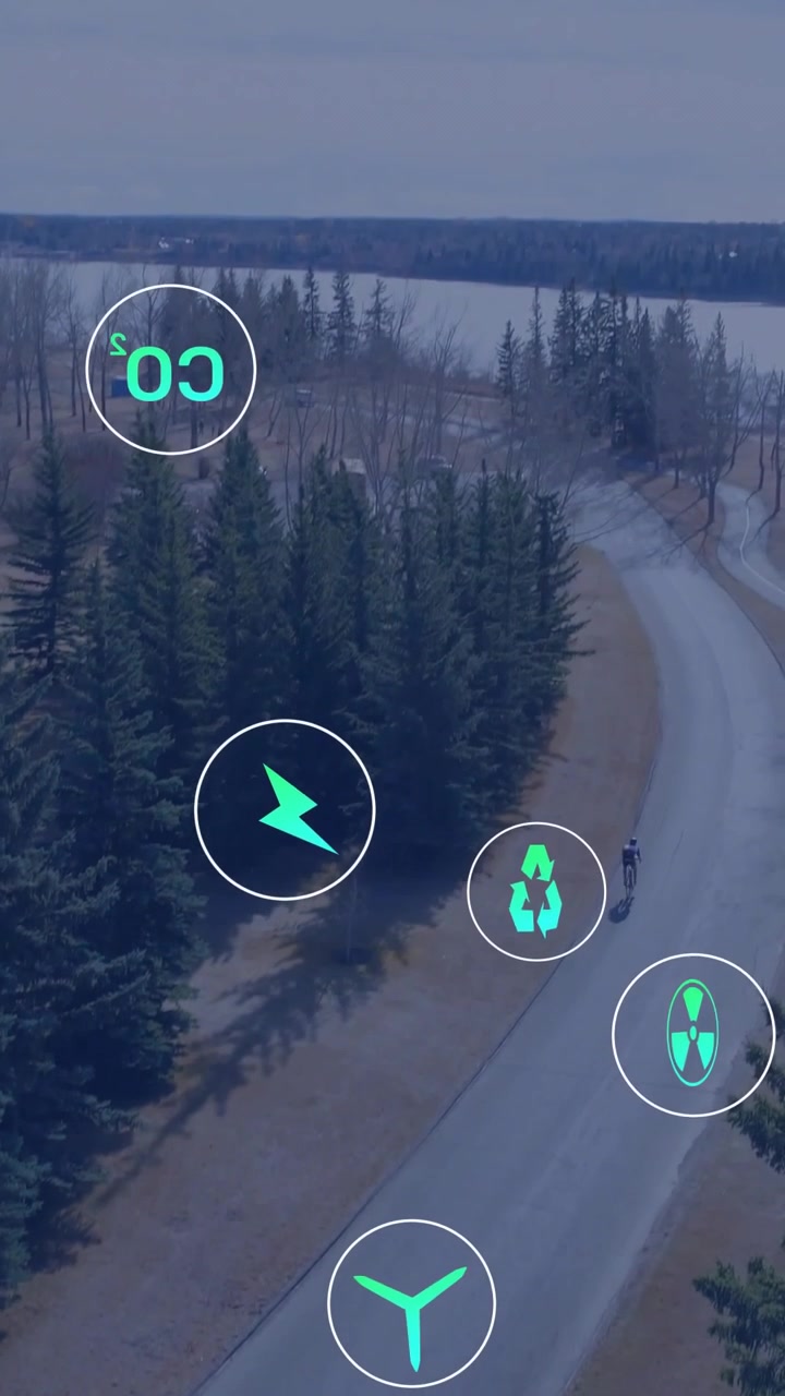 Vertical video: Teen cyclist pedaling into frame, eco icons appearing, clustering ahead showing CO2
